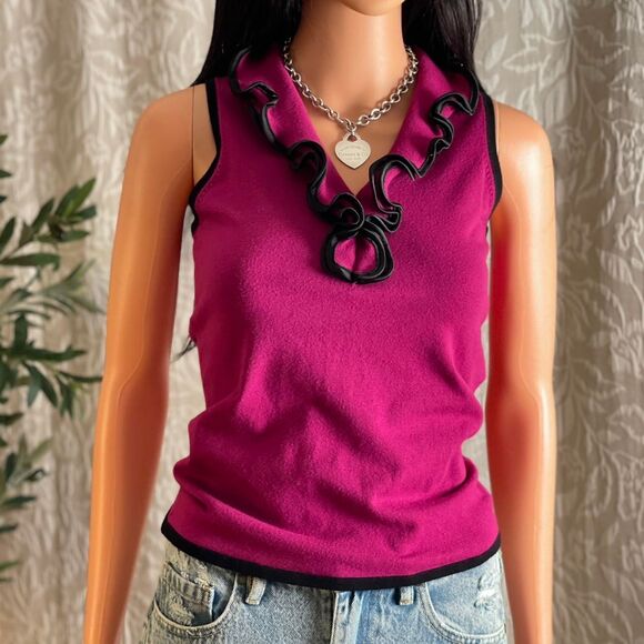 Vintage Y2K Belldini Magenta Pink Knit Ruffle Blouse Top Office Siren Size S‎ - Picture 2 of 7